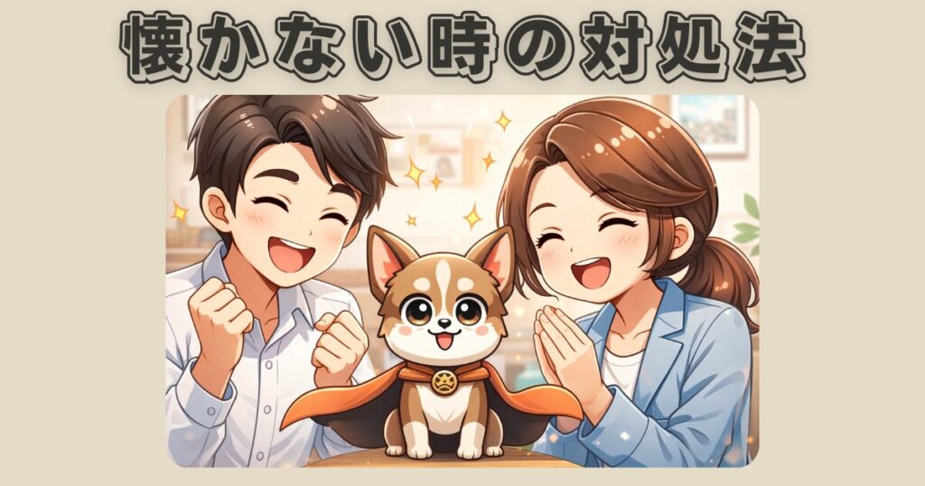 保護犬が懐かない時の対処法として、家族が落ち着いて接し信頼関係を築こうとしている様子のイラスト
