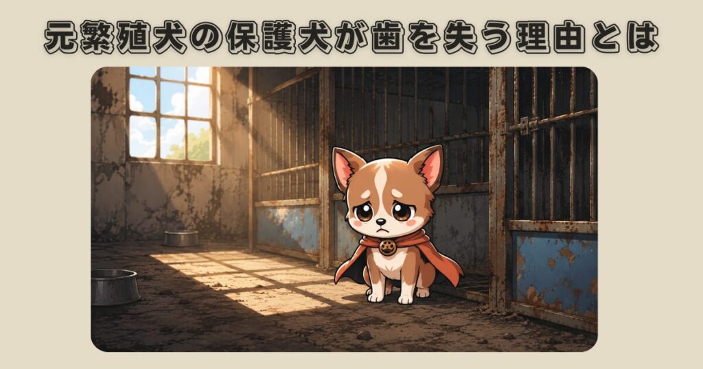 元繁殖犬の歯がない保護犬が繁殖場で悲しそうにしている様子