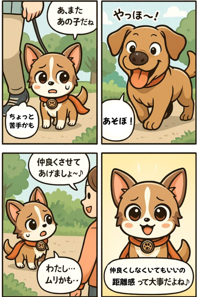 犬友とのトラブル事例の4コマ漫画
犬同士の相性が悪い時