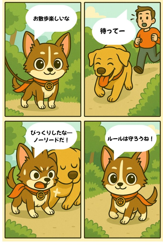 犬友とのトラブル事例の4コマ漫画
相手の犬のしつけが問題になる場合
