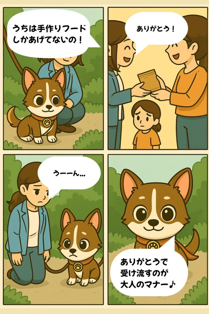 犬友とのトラブル事例の4コマ漫画
不要なアドバイスへの対応法