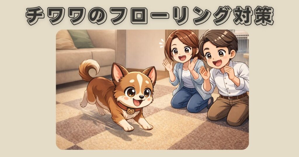フローリング対策をしてチワワのラテまるが安心して走れるようにった様子