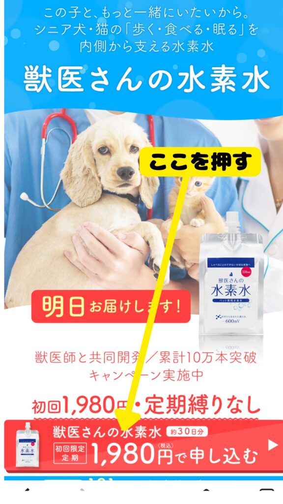 獣医さんの水素水の公式サイト申し込み画面(公式サイトより引用)