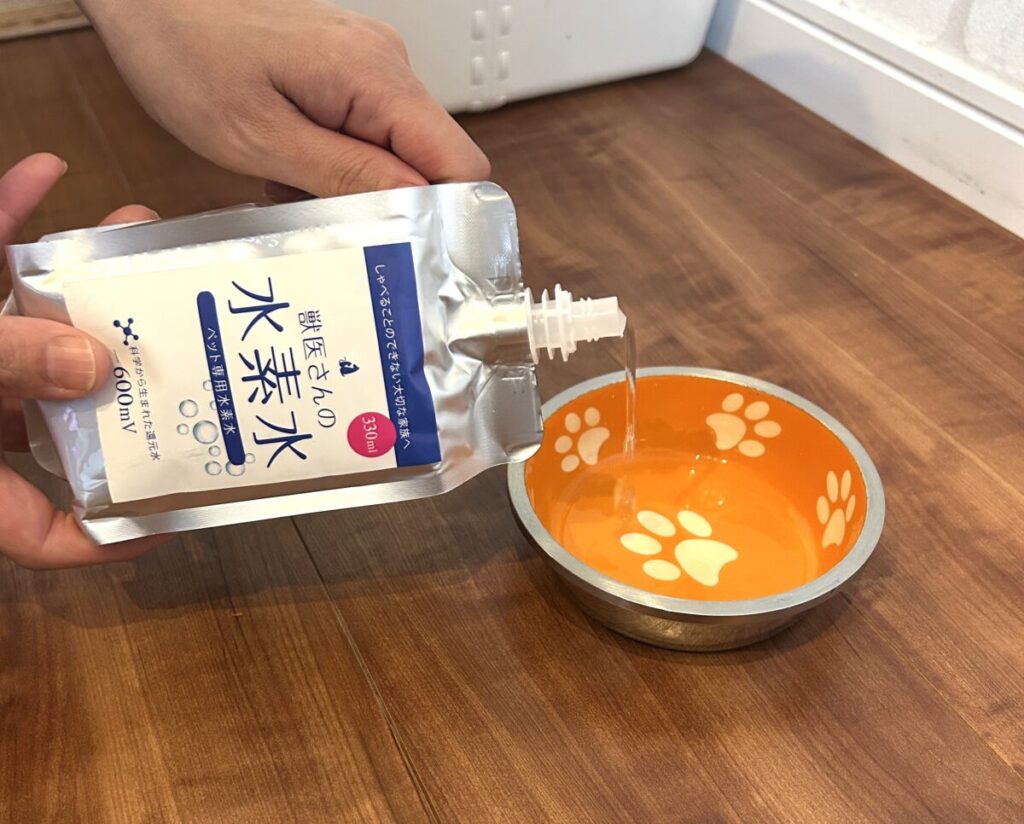 獣医さんの水素水をお皿に注いでいる様子