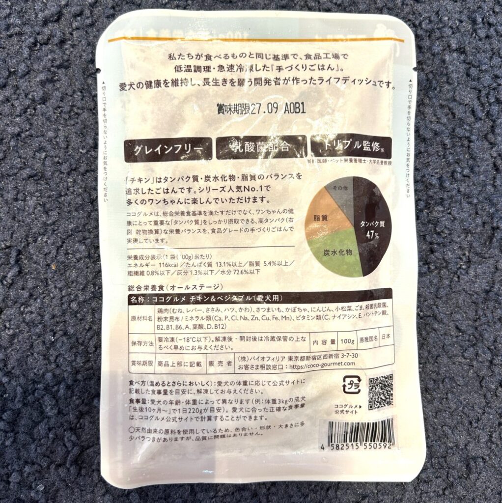 ココグルメのパッケージ裏面に記載された原材料表示