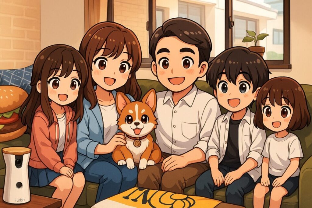 保護犬チワワのラテまるが飼い主家族と安心して過ごしている様子