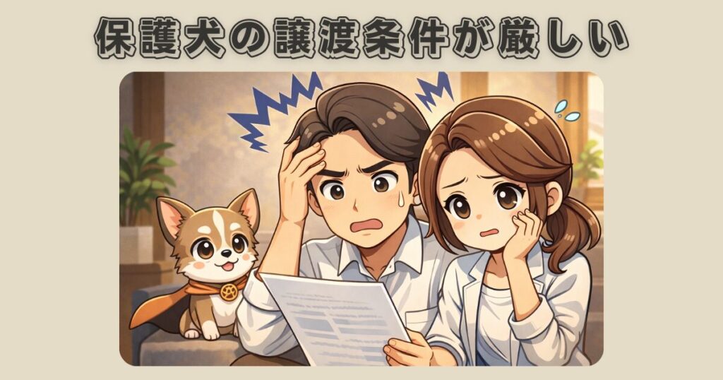 保護犬の譲渡条件が厳しいと感じて悩む飼い主と保護犬のイメージ