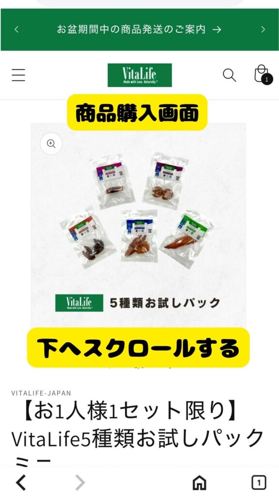 VitaLifeお試しパック購入方法 ステップ1(商品選択画面)