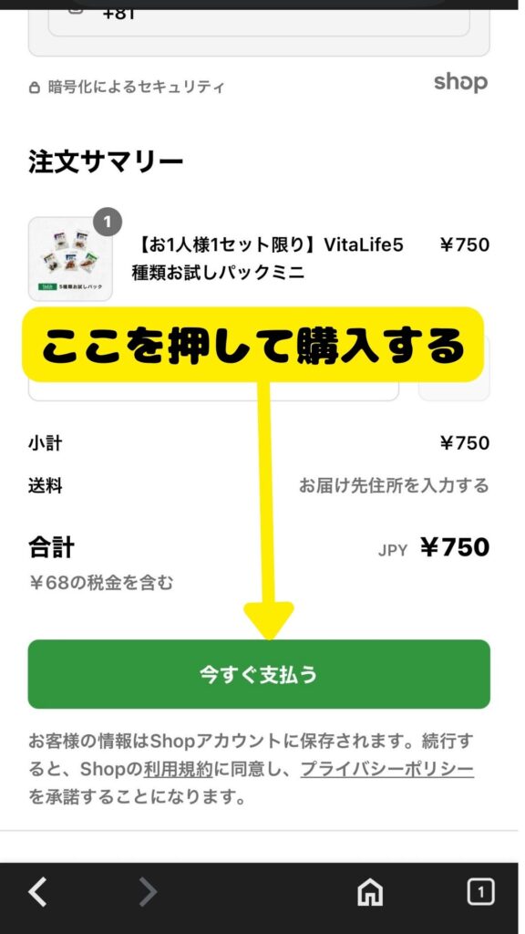 VitaLife(ビタライフ)お試しパック購入手順 STEP4 今すぐ支払うを押して購入完了画面